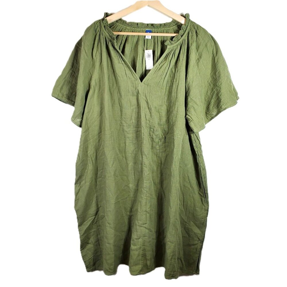 Old Navy Dress SZ XL Green Crinkle Gauzy Cotton Pull Over Tunic Pockets Boho NWT